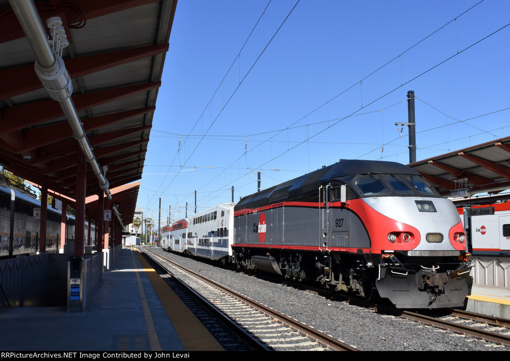 One of the few diesel hauled Caltrains rests before heading back to Gilroy-MP36PH-3C # 927 is the motive power. Picture taken at San Jose Diridon Station